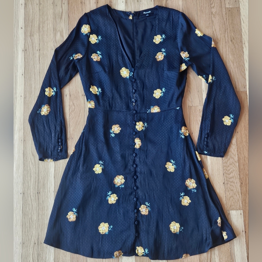 Madewell Black Floral Polka Dot Button Down Long Sleeve Dress